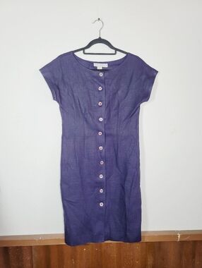 Tweeds Navy Button-Down Linen Midi Dress, Size 4